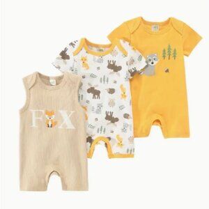 NWT Paylfang 3 Pack Baby Fox One Piece Jumpers Short Sleeve. Yellow/Beige